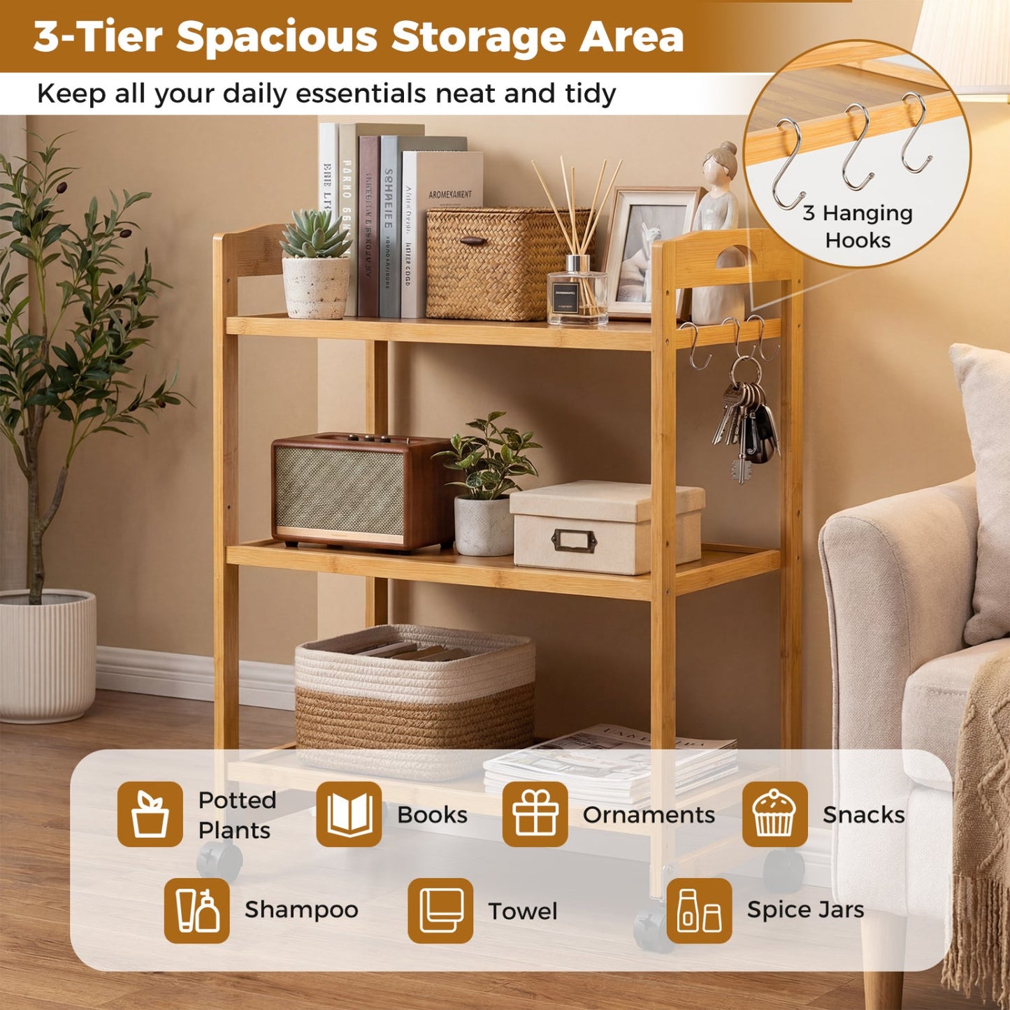 3-Tier Storage Rolling Cart Bamboo Utility Cart with 4 Universal Wheels