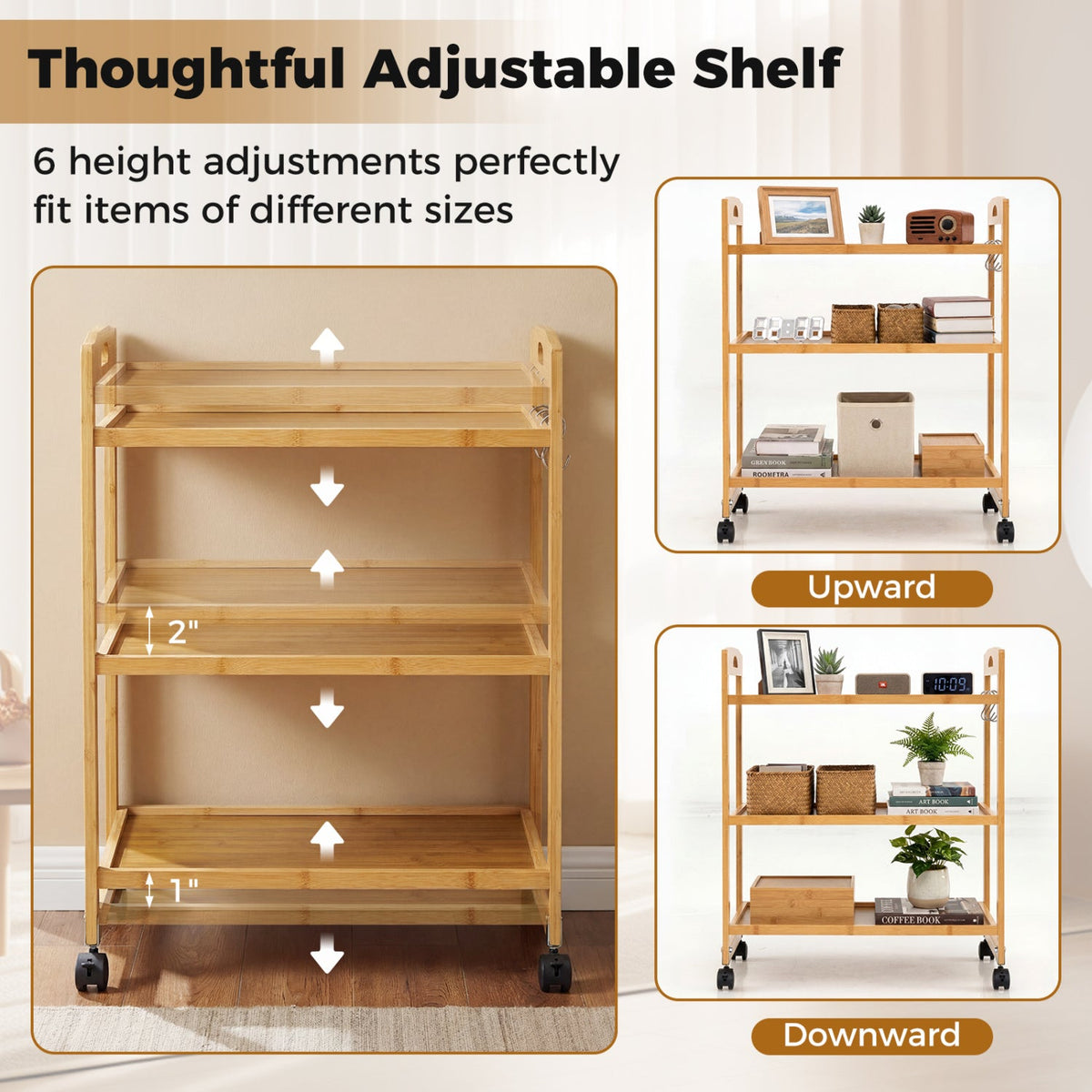 3-Tier Storage Rolling Cart Bamboo Utility Cart with 4 Universal Wheels