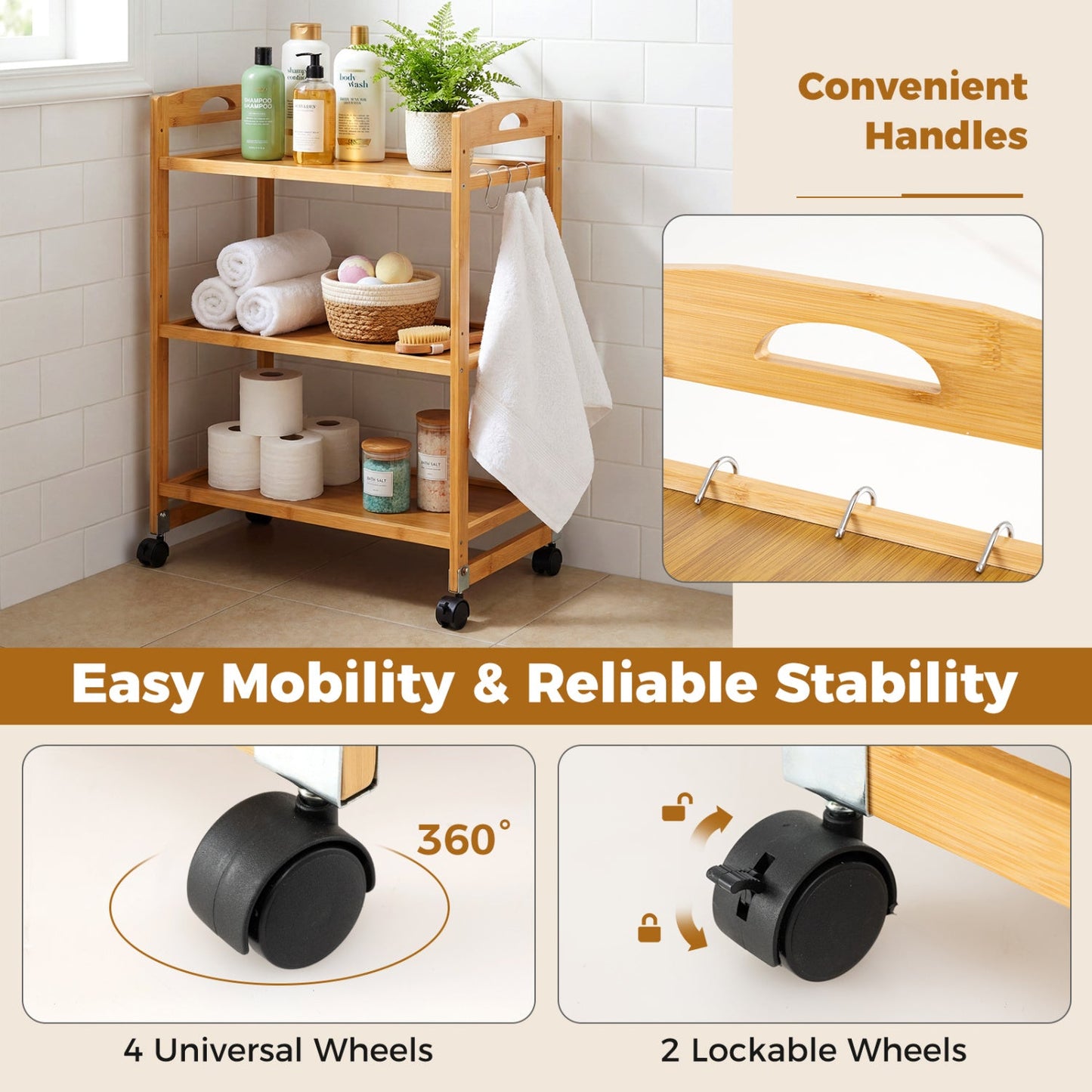 3-Tier Storage Rolling Cart Bamboo Utility Cart with 4 Universal Wheels