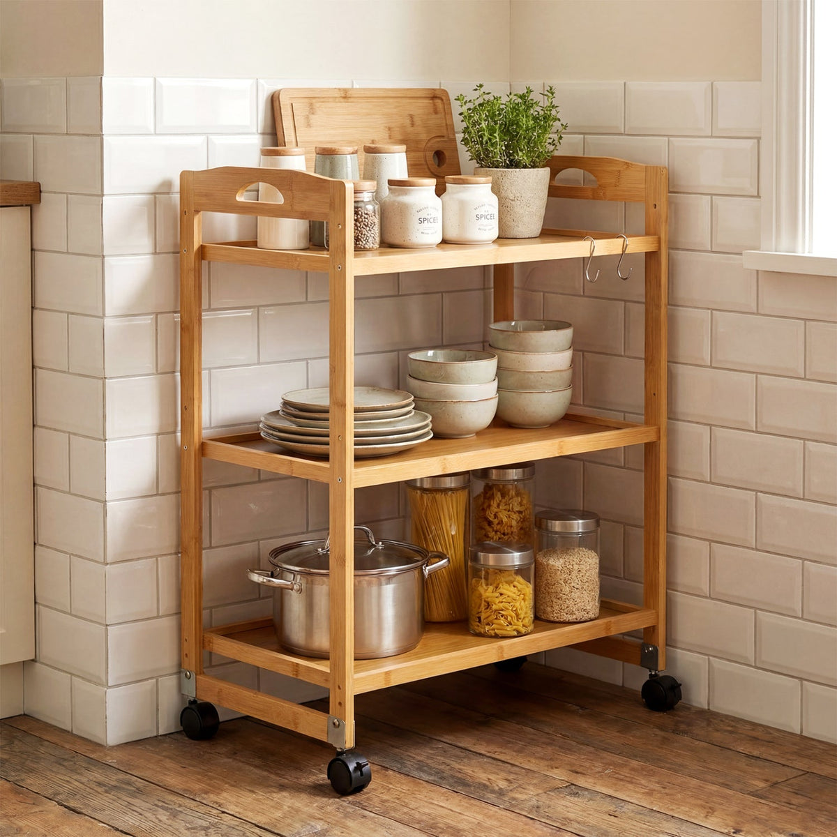 3-Tier Storage Rolling Cart Bamboo Utility Cart with 4 Universal Wheels