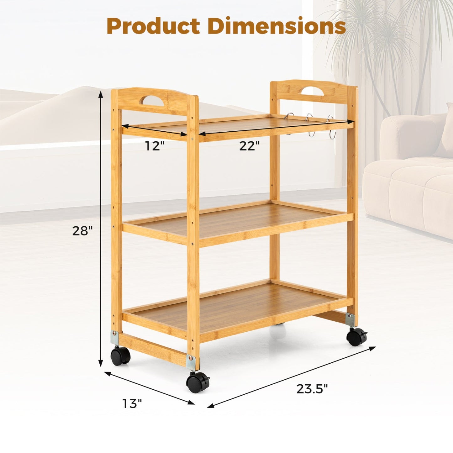 3-Tier Storage Rolling Cart Bamboo Utility Cart with 4 Universal Wheels