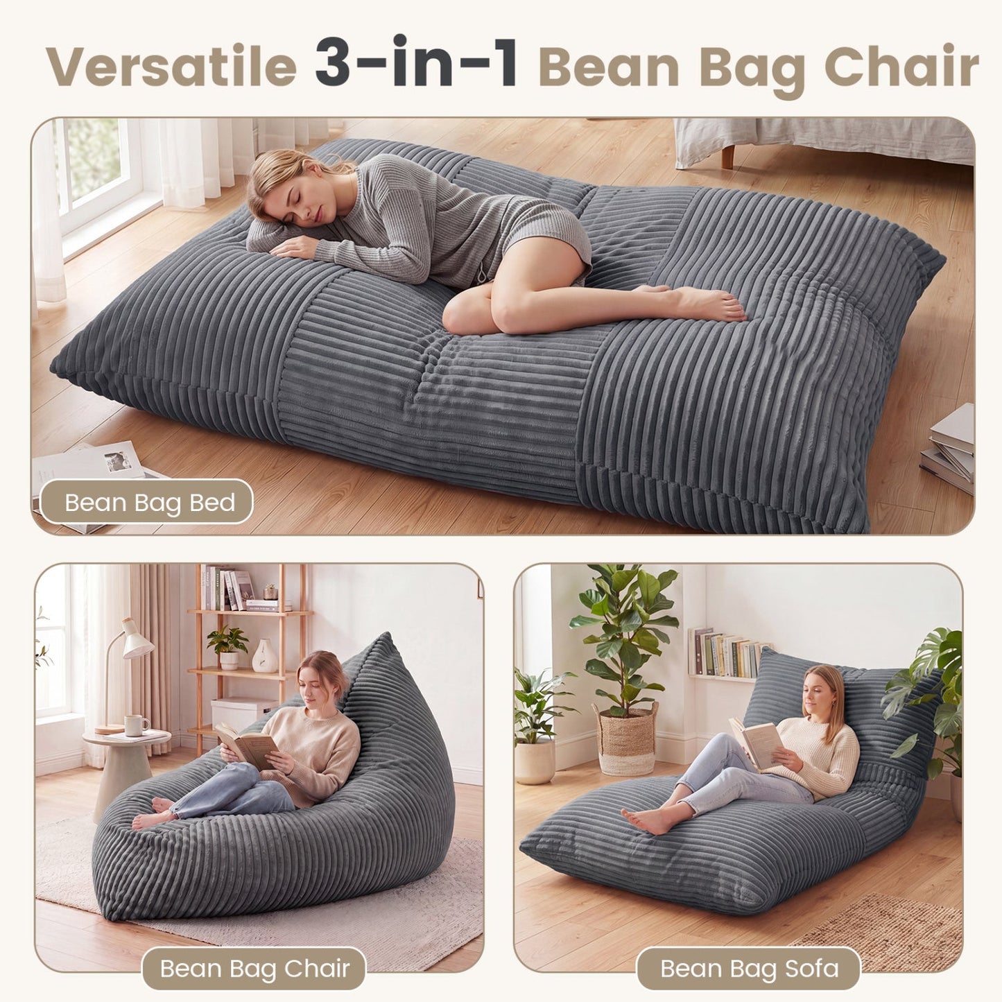 3-in-1 Convertible Bean Bag Chair with Corduroy Fabric
