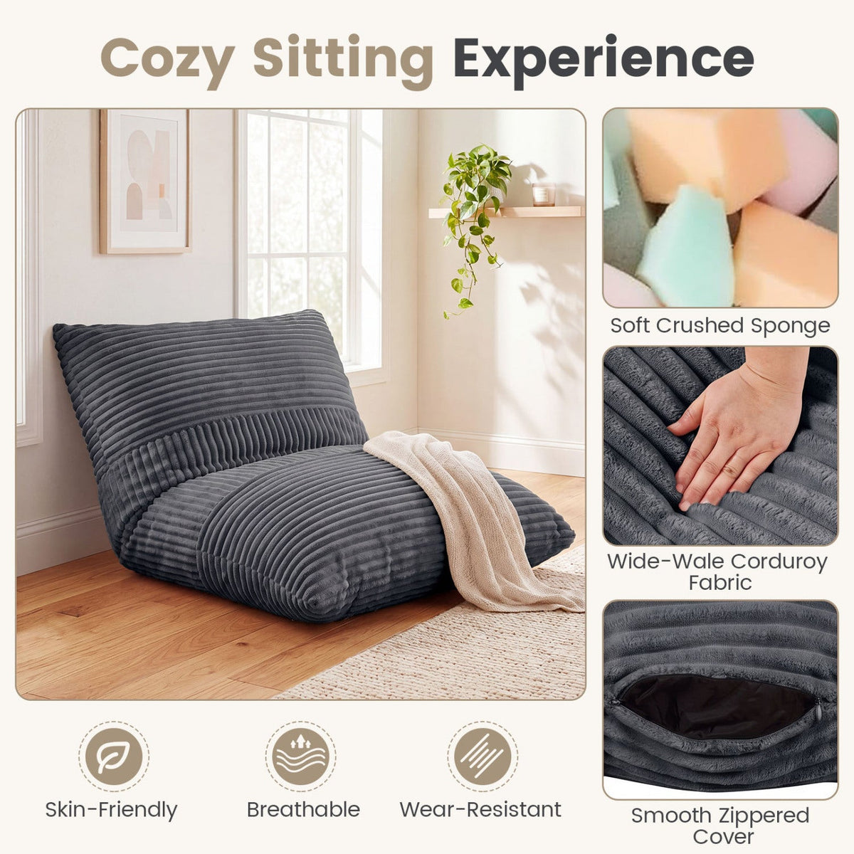 3-in-1 Convertible Bean Bag Chair with Corduroy Fabric