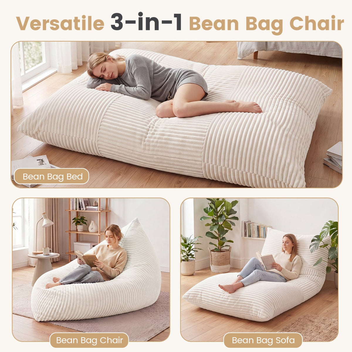 3-in-1 Convertible Bean Bag Chair with Corduroy Fabric