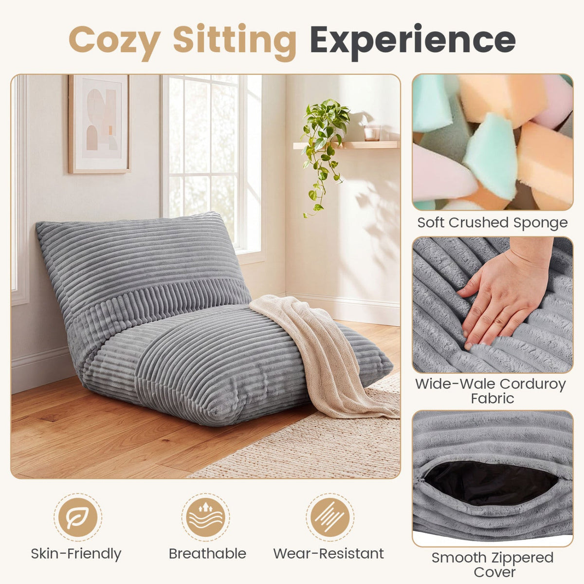 3-in-1 Convertible Bean Bag Chair with Corduroy Fabric