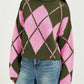Argyle Pattern Knit Dropped Shoulder Sweater