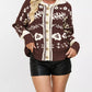 Floral Pattern Knit Cardigan with Contrast Collar