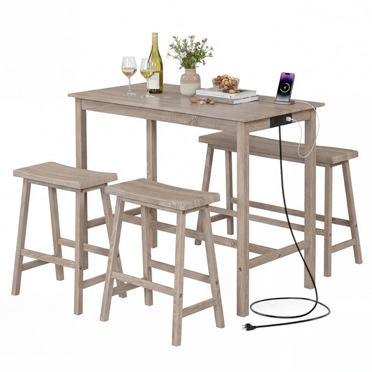 4-Piece Counter Height Dining Table Set with Power Outlet Solid Rubber Wood Kitchen Table