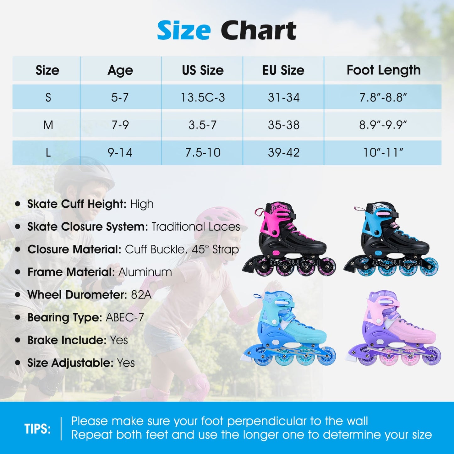 4-Size Adjustable Light-Up Kids Inline Skates for Kids Ages 7-9