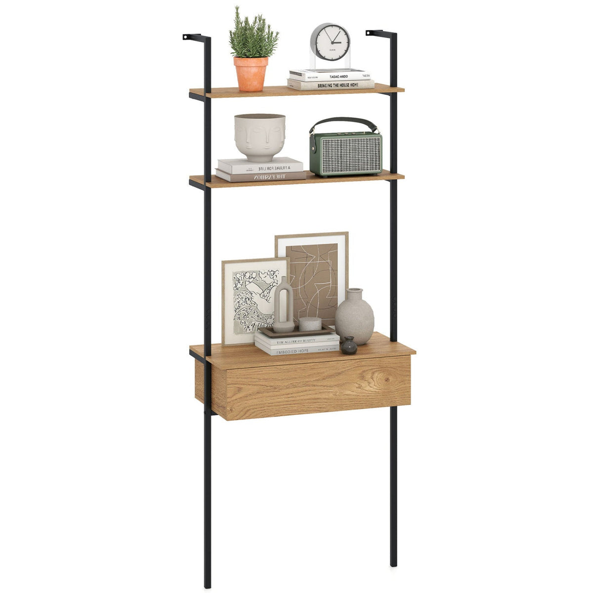 4-Tier Ladder Bookshelf with Drawer and Metal Frame
