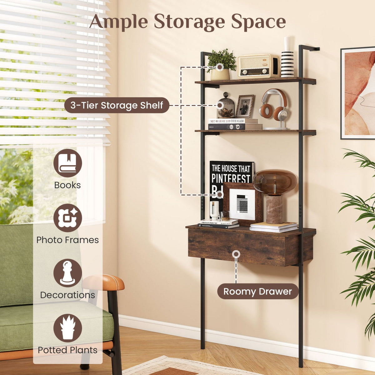 4-Tier Ladder Bookshelf with Drawer and Metal Frame