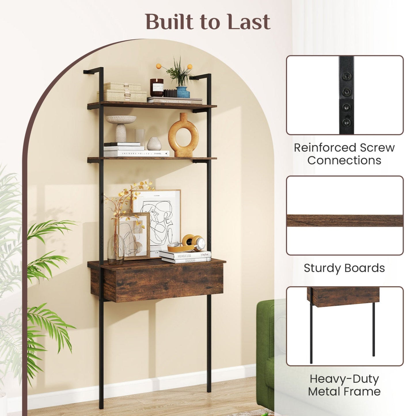 4-Tier Ladder Bookshelf with Drawer and Metal Frame