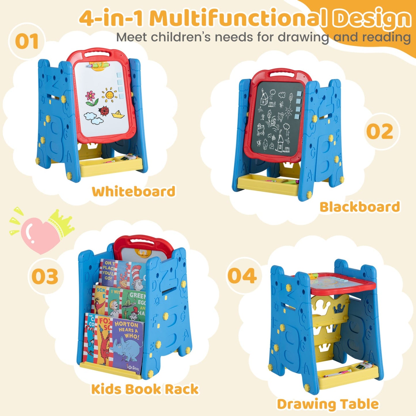 Kids Art Easel 4-in-1 Double Sided Magnetic Board