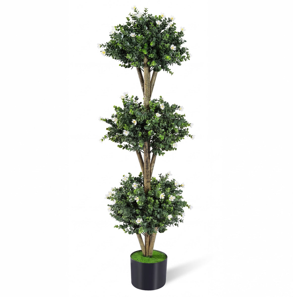 51" Artificial Triple Ball Boxwood Topiary Tree with 59 Blossoms