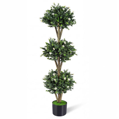 51" Artificial Triple Ball Boxwood Topiary Tree with 59 Blossoms
