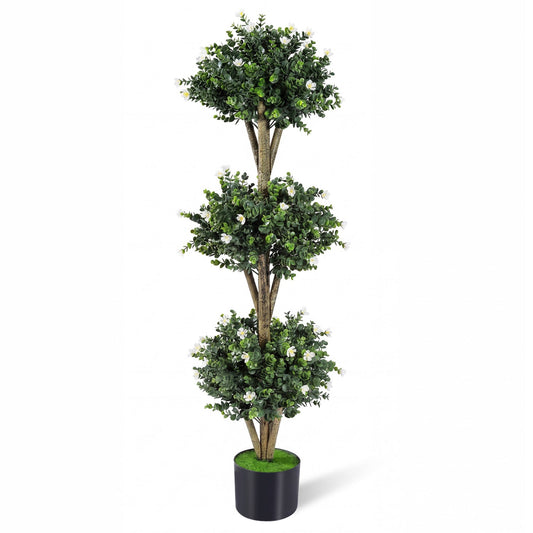 51" Artificial Triple Ball Boxwood Topiary Tree with 59 Blossoms