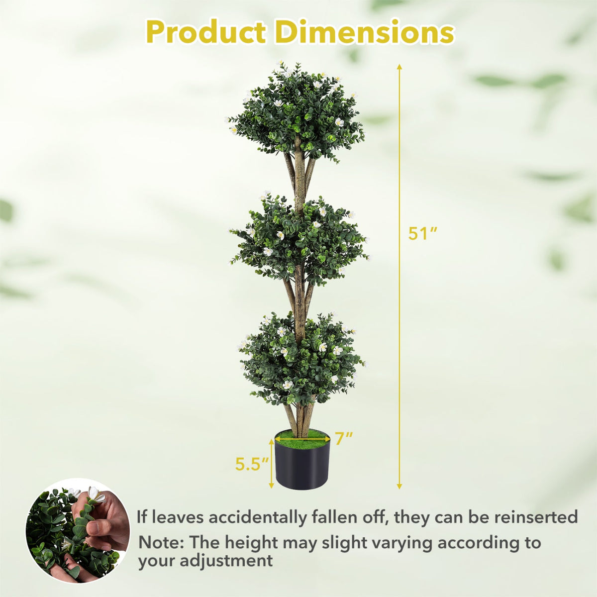 51" Artificial Triple Ball Boxwood Topiary Tree with 59 Blossoms