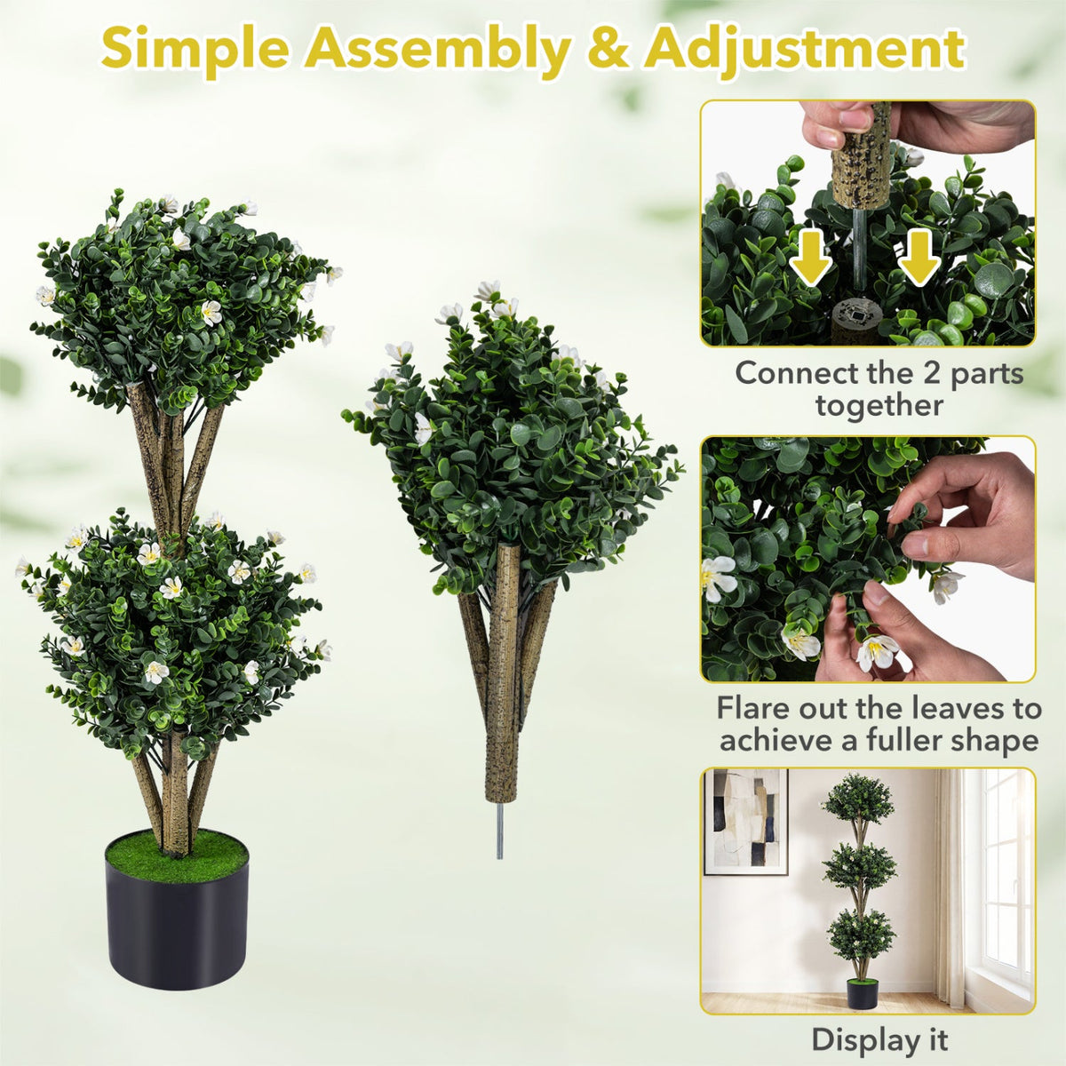 51" Artificial Triple Ball Boxwood Topiary Tree with 59 Blossoms