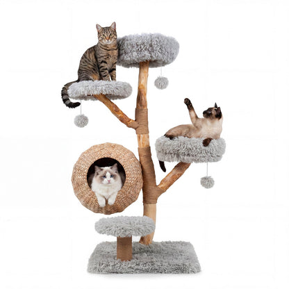 5-Tier Wooden Cat Tree with Woven Condo Plush Perches Jute Posts & Balls