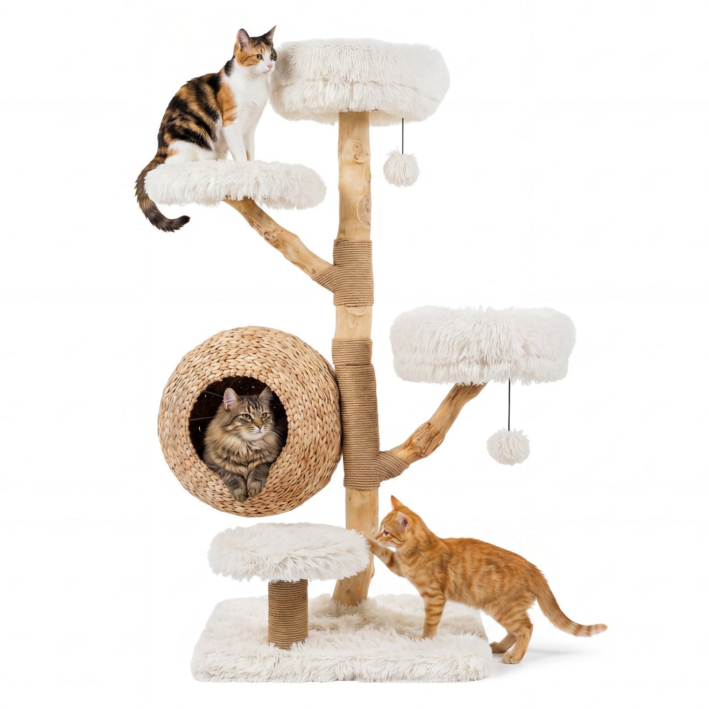 5-Tier Wooden Cat Tree with Woven Condo Plush Perches Jute Posts & Balls