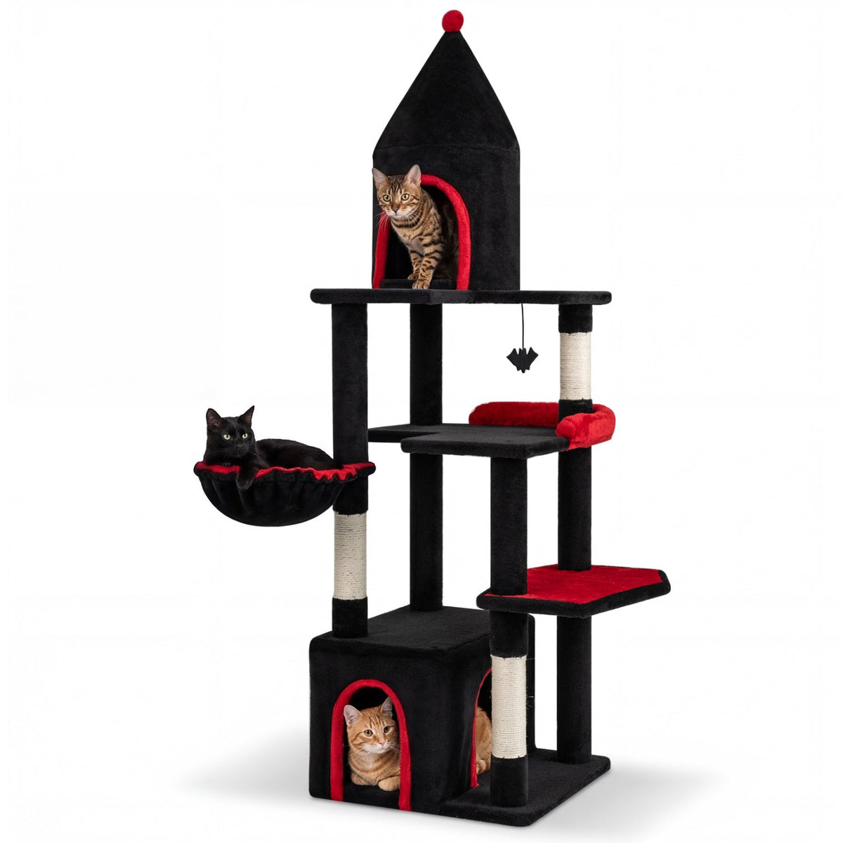 63 Inch Gothic Cat Tree with Condo and Top Cave for Large Cats 20+ LBS