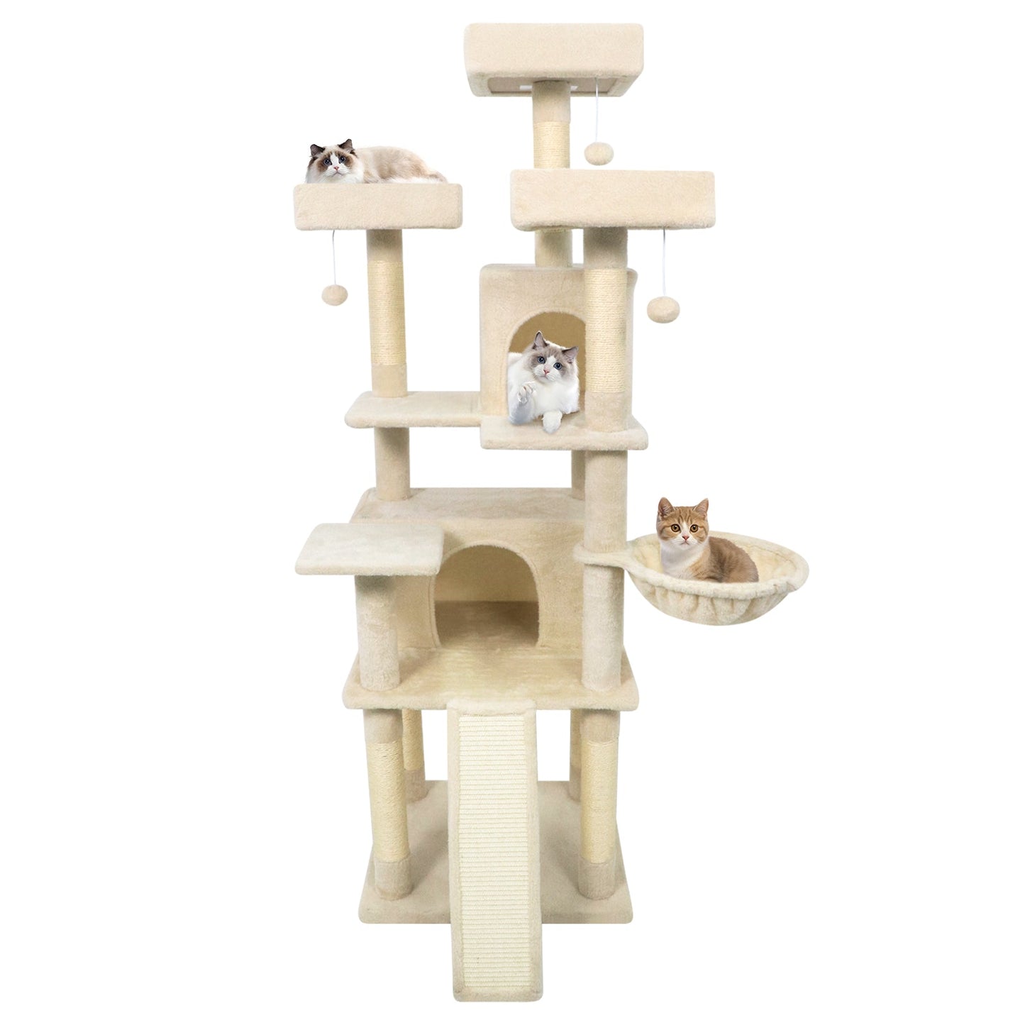 65 Inch Tall Multi-level Cat Tree with 3 Upholstered Perch and 2 Cat Condos