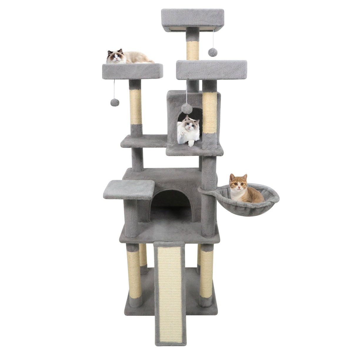 65 Inch Tall Multi-level Cat Tree with 3 Upholstered Perch and 2 Cat Condos
