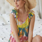 BiBi Circular Tie Dye Knit V Neck Top With Ruffle