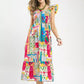 Umgee Abstract Print Smocked Ruffle Sleeve Tiered Midi Dress