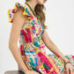 Umgee Abstract Print Smocked Ruffle Sleeve Tiered Midi Dress