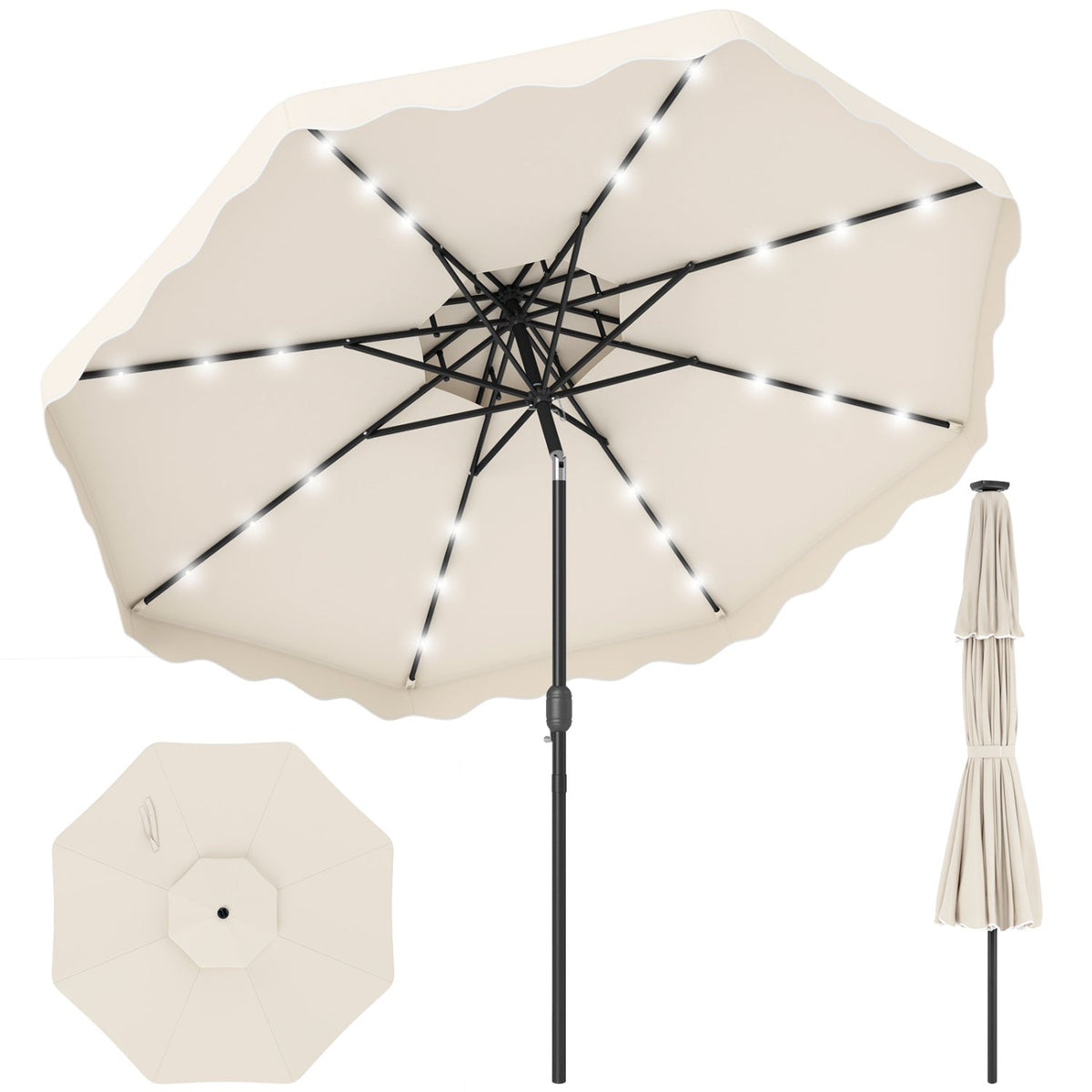 9 FT Solar LED Patio Umbrella Push-Button Tilt and Crank 24 LED Lights and 8 Ribs