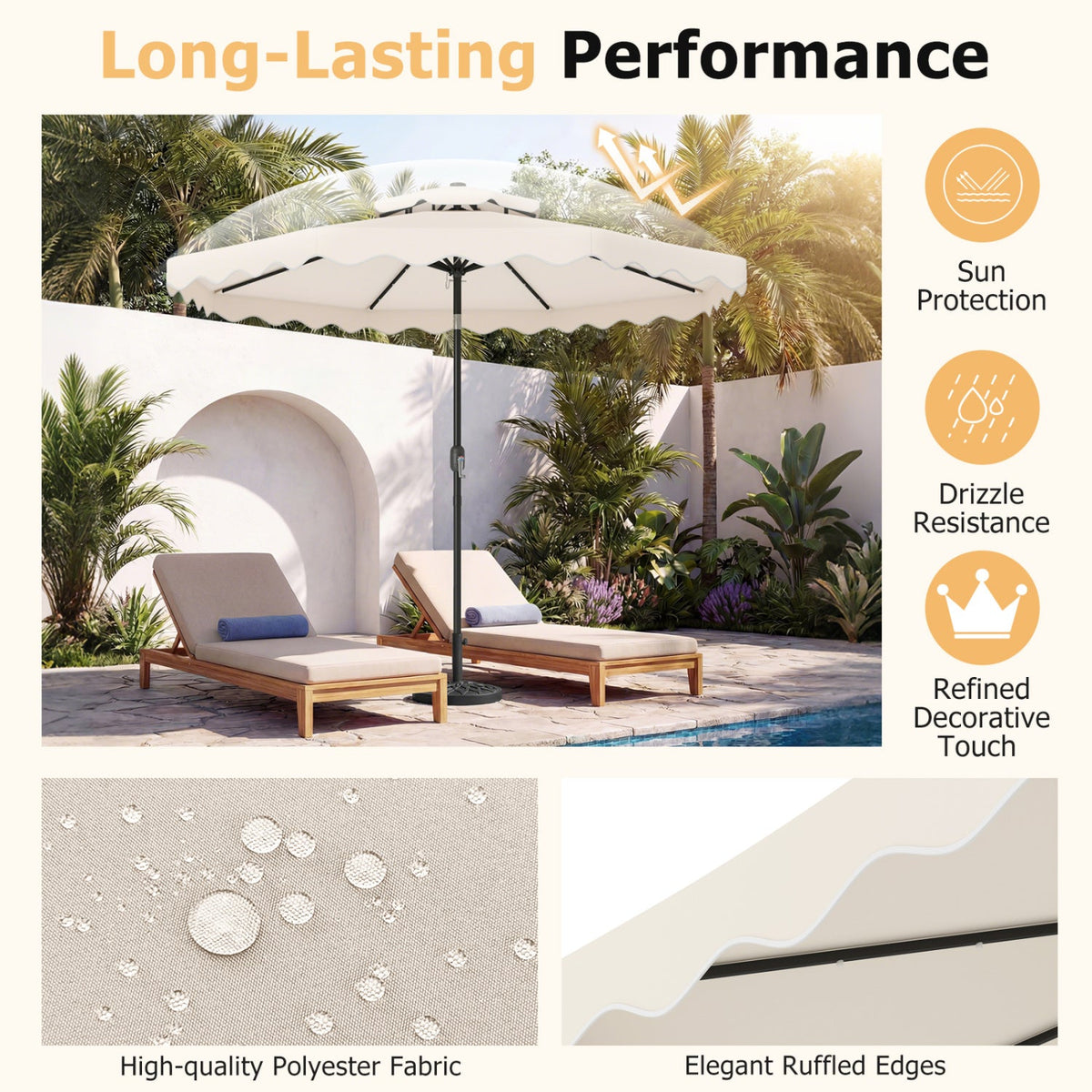 9 FT Solar LED Patio Umbrella Push-Button Tilt and Crank 24 LED Lights and 8 Ribs