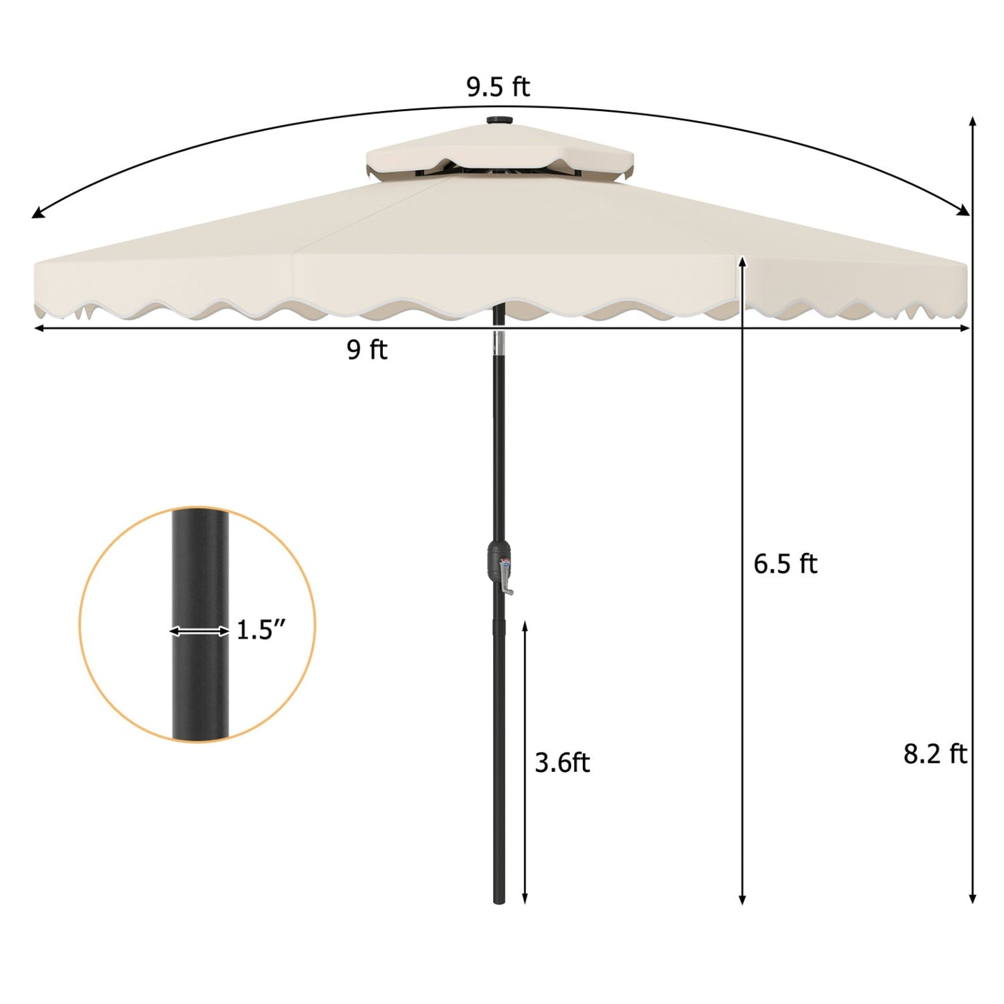 9 FT Solar LED Patio Umbrella Push-Button Tilt and Crank 24 LED Lights and 8 Ribs