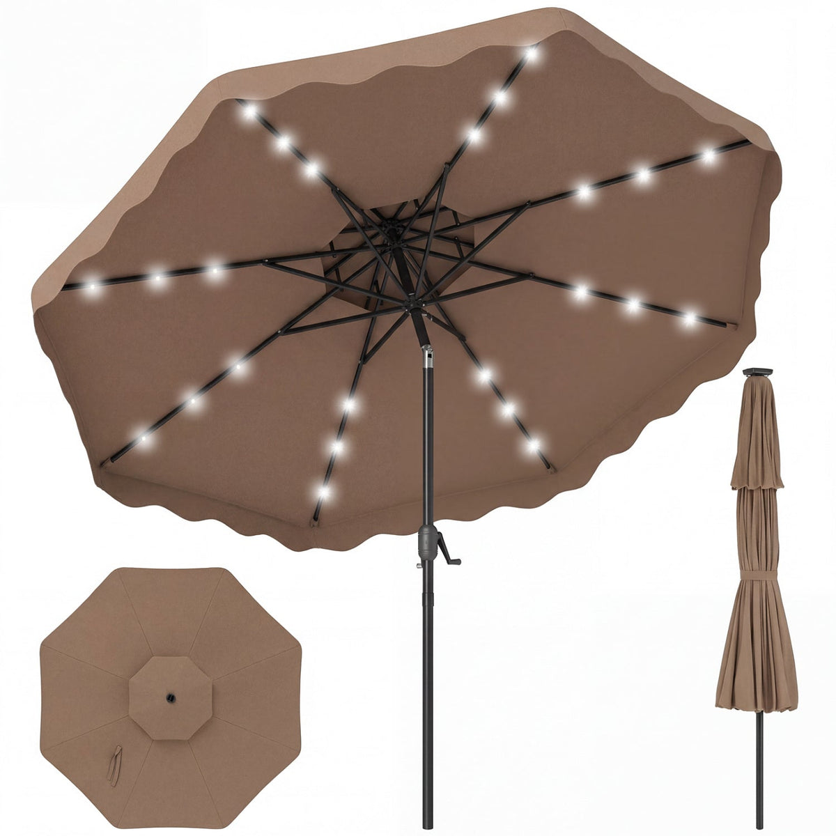 9 FT Solar LED Patio Umbrella Push-Button Tilt and Crank 24 LED Lights and 8 Ribs