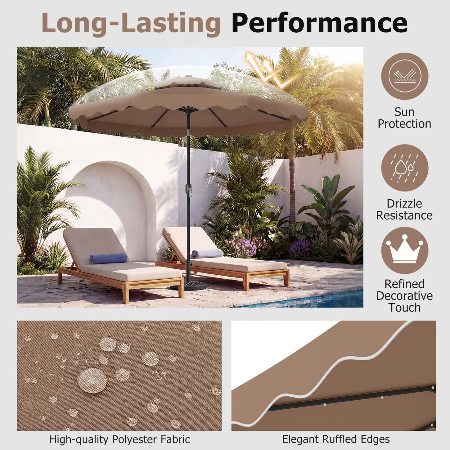 9 FT Solar LED Patio Umbrella Push-Button Tilt and Crank 24 LED Lights and 8 Ribs