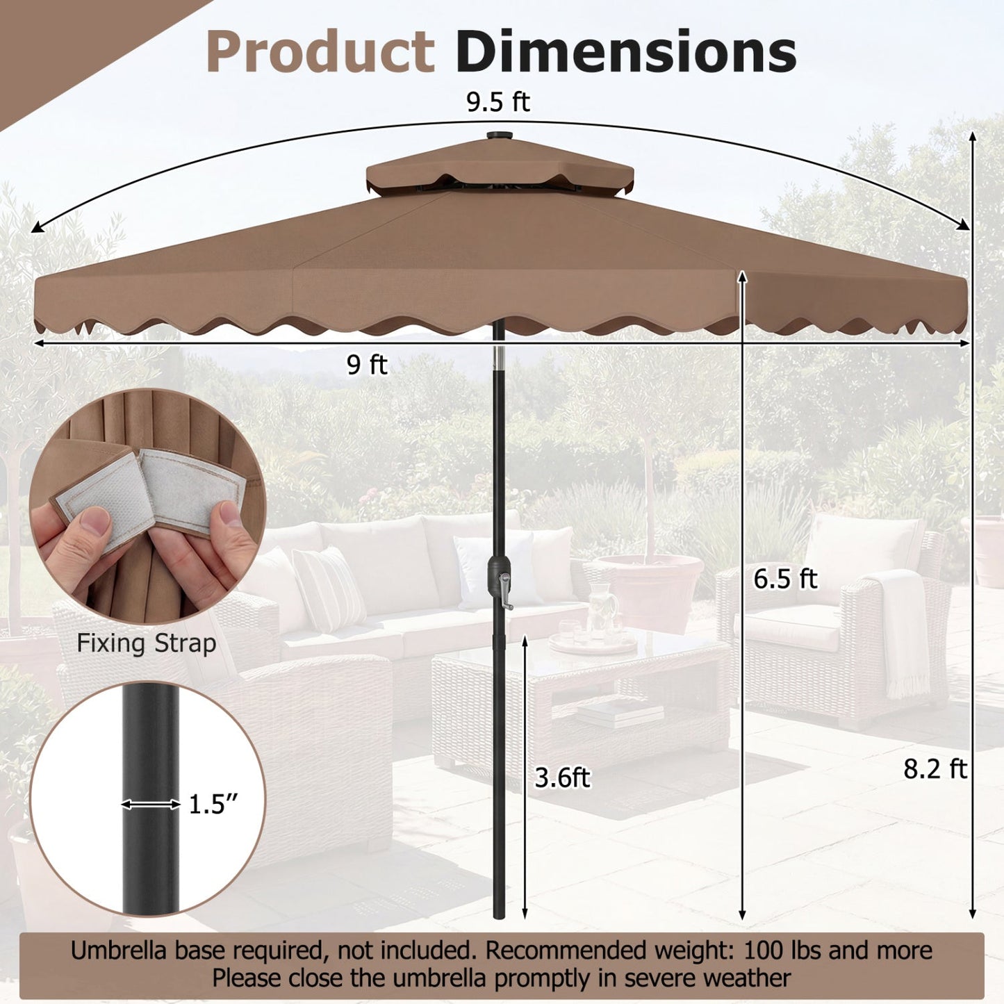 9 FT Solar LED Patio Umbrella Push-Button Tilt and Crank 24 LED Lights and 8 Ribs