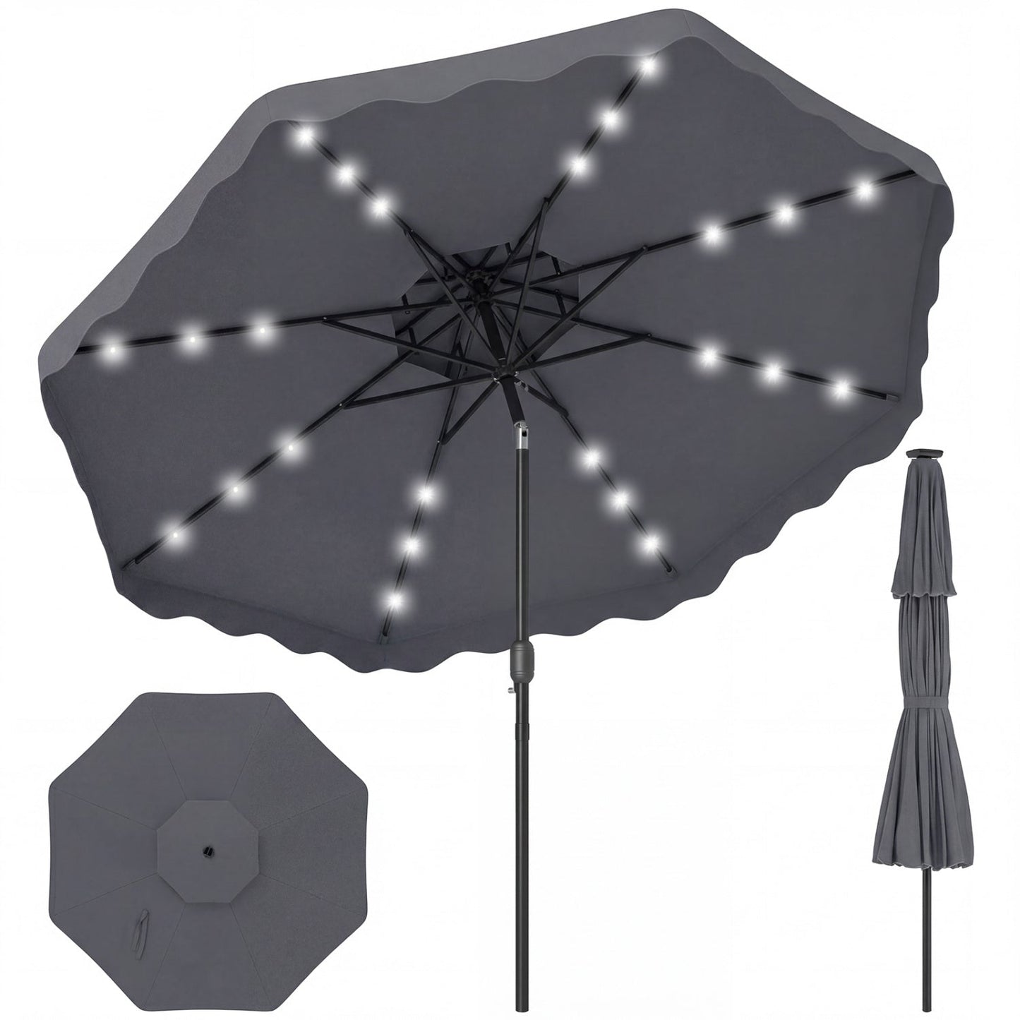 9 FT Solar LED Patio Umbrella Push-Button Tilt and Crank 24 LED Lights and 8 Ribs