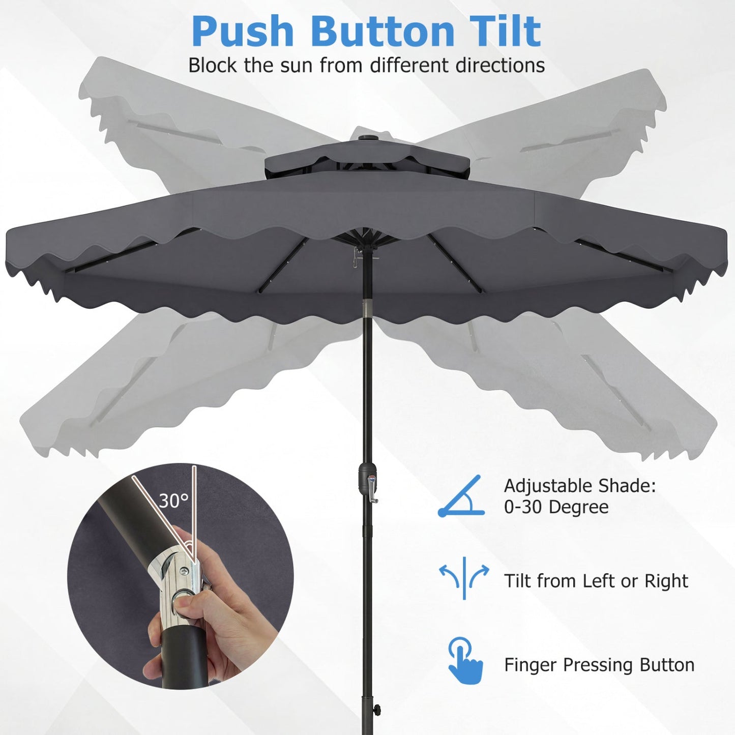 9 FT Solar LED Patio Umbrella Push-Button Tilt and Crank 24 LED Lights and 8 Ribs