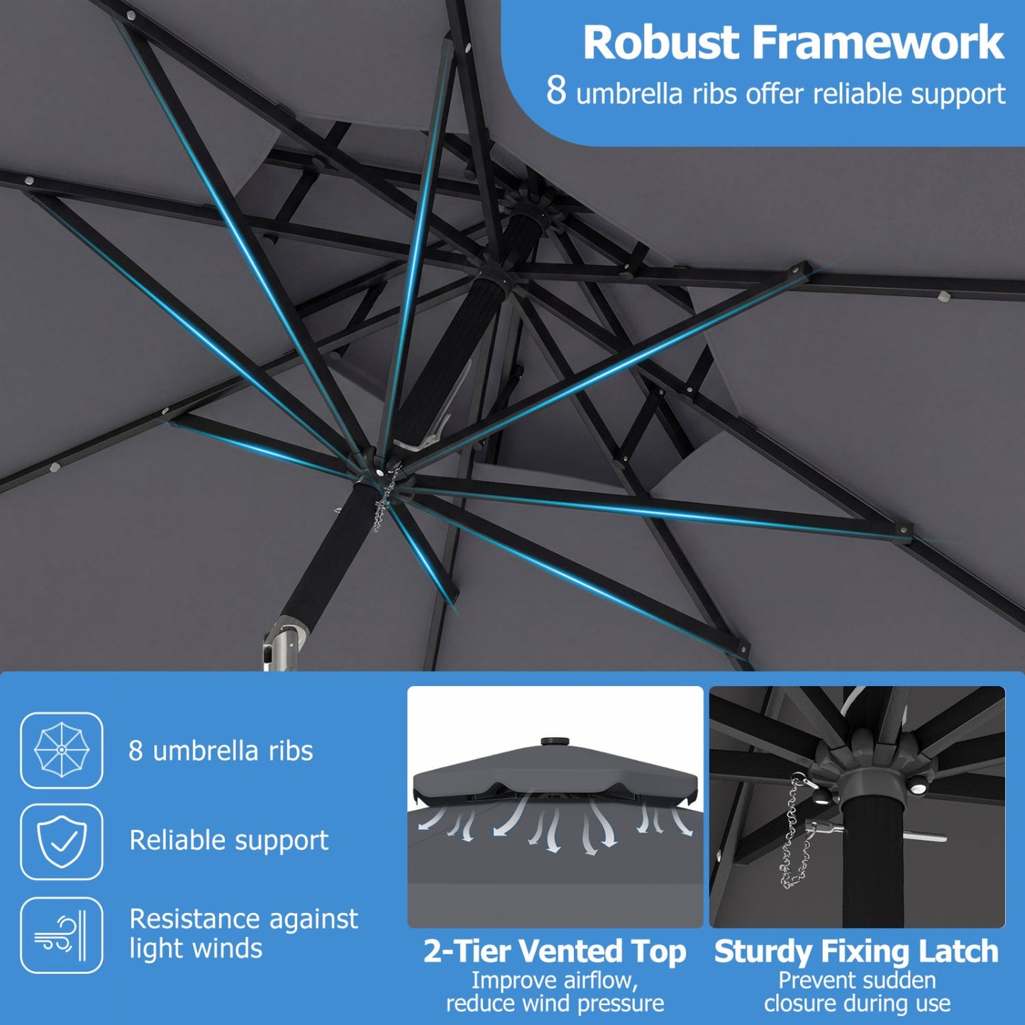 9 FT Solar LED Patio Umbrella Push-Button Tilt and Crank 24 LED Lights and 8 Ribs