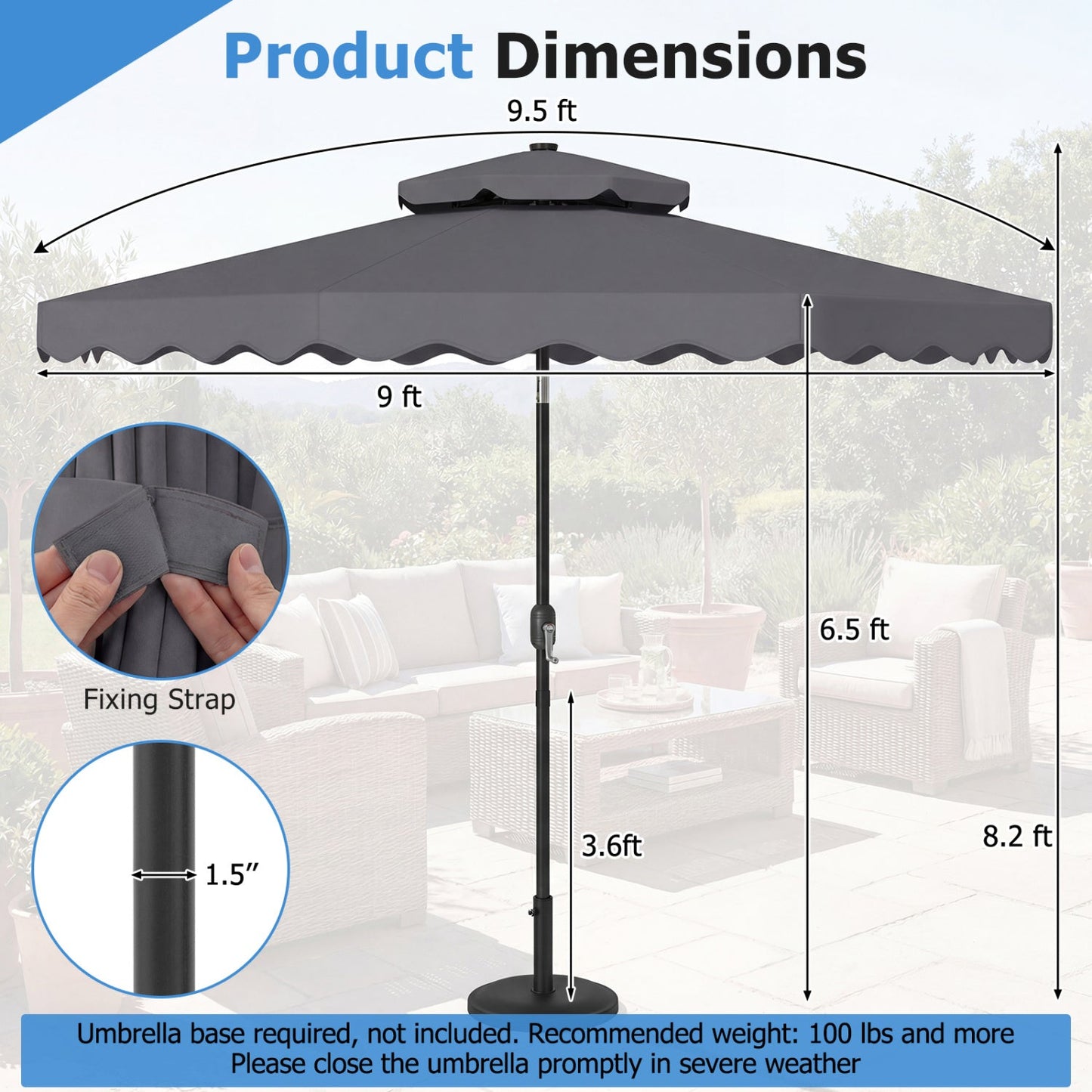 9 FT Solar LED Patio Umbrella Push-Button Tilt and Crank 24 LED Lights and 8 Ribs