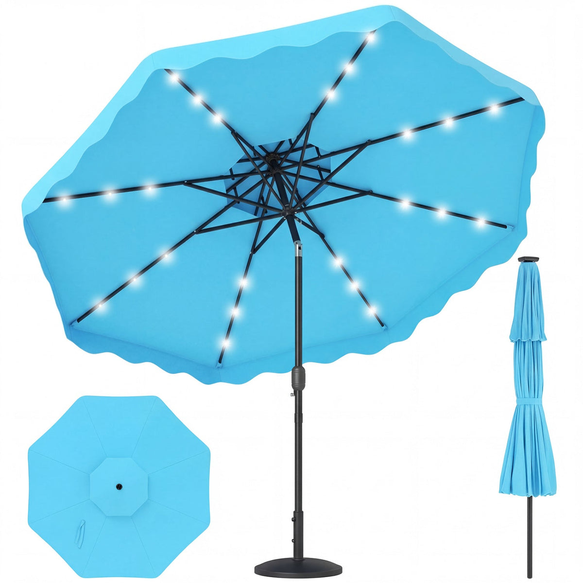 9 FT Solar LED Patio Umbrella Push-Button Tilt and Crank 24 LED Lights and 8 Ribs
