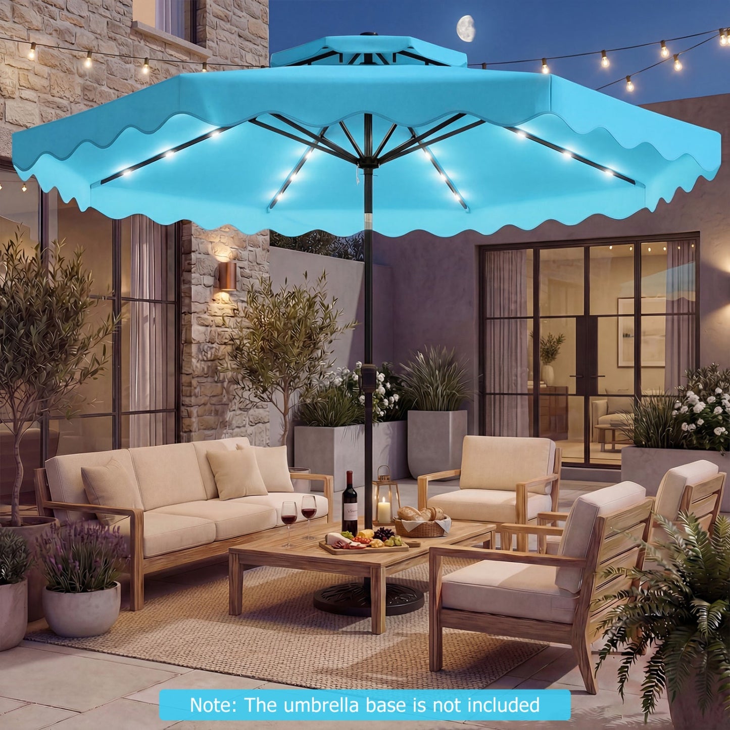 9 FT Solar LED Patio Umbrella Push-Button Tilt and Crank 24 LED Lights and 8 Ribs