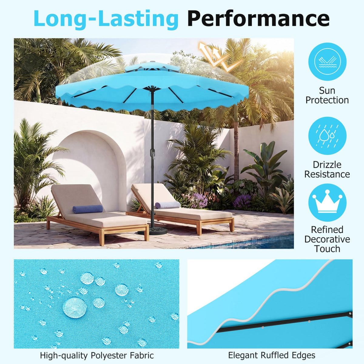 9 FT Solar LED Patio Umbrella Push-Button Tilt and Crank 24 LED Lights and 8 Ribs
