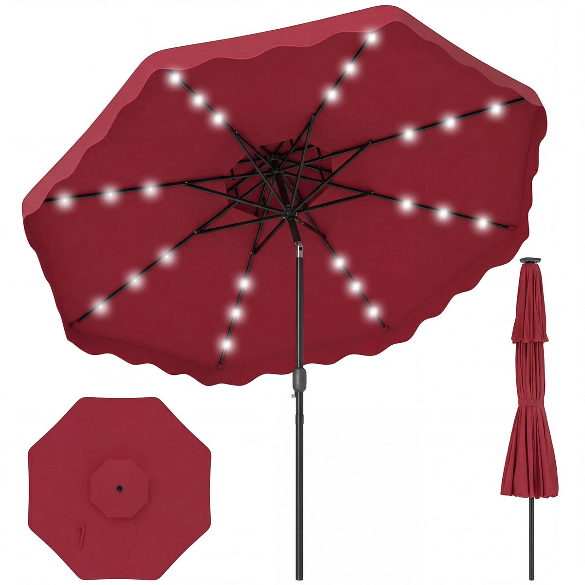 9 FT Solar LED Patio Umbrella Push-Button Tilt and Crank 24 LED Lights and 8 Ribs