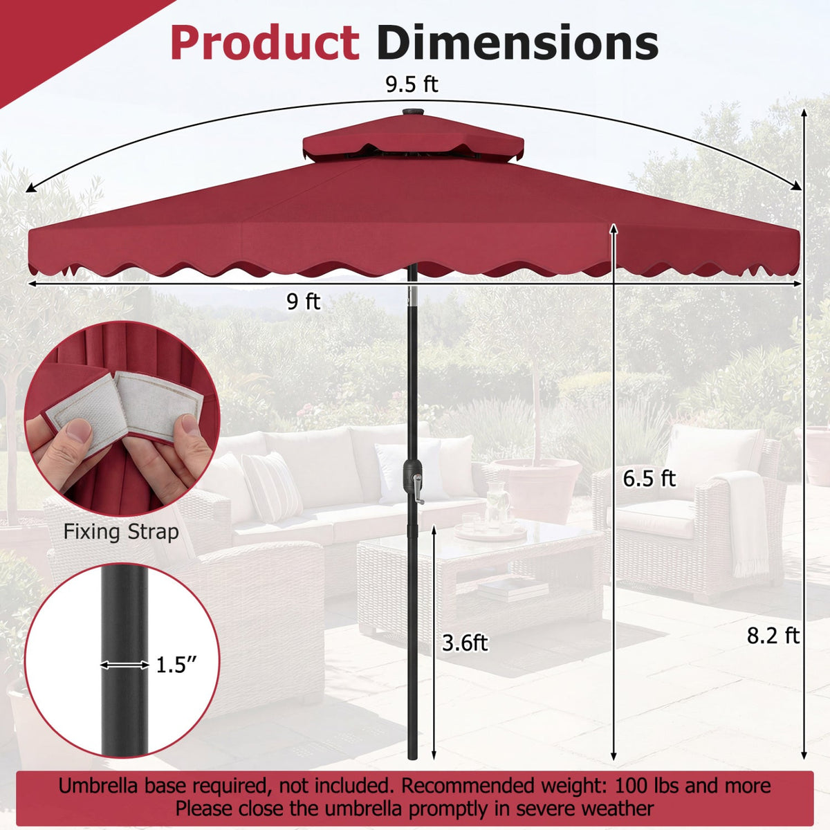 9 FT Solar LED Patio Umbrella Push-Button Tilt and Crank 24 LED Lights and 8 Ribs