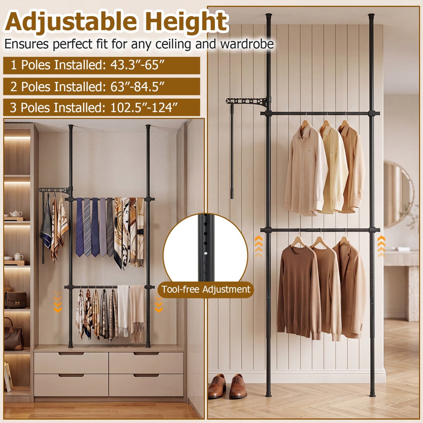 Floor to Ceiling Clothes Rack with 2 Hanging Rods - Adjustable