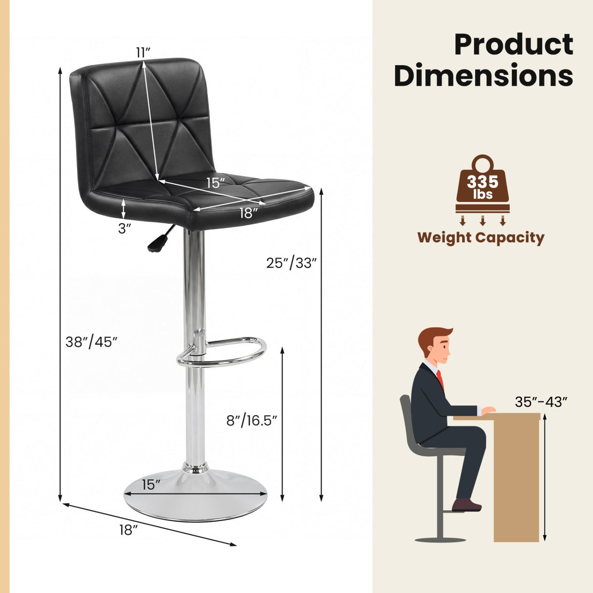 Adjustable Swivel Barstools Set of 2 with Back and Footrest