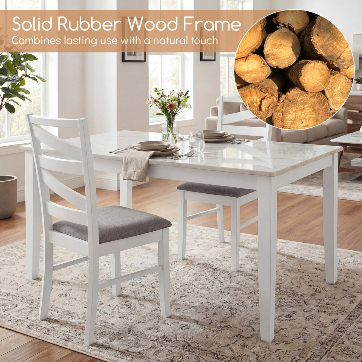 Dining Chairs Set of 2 with Backrests and Rubber Wood Frames