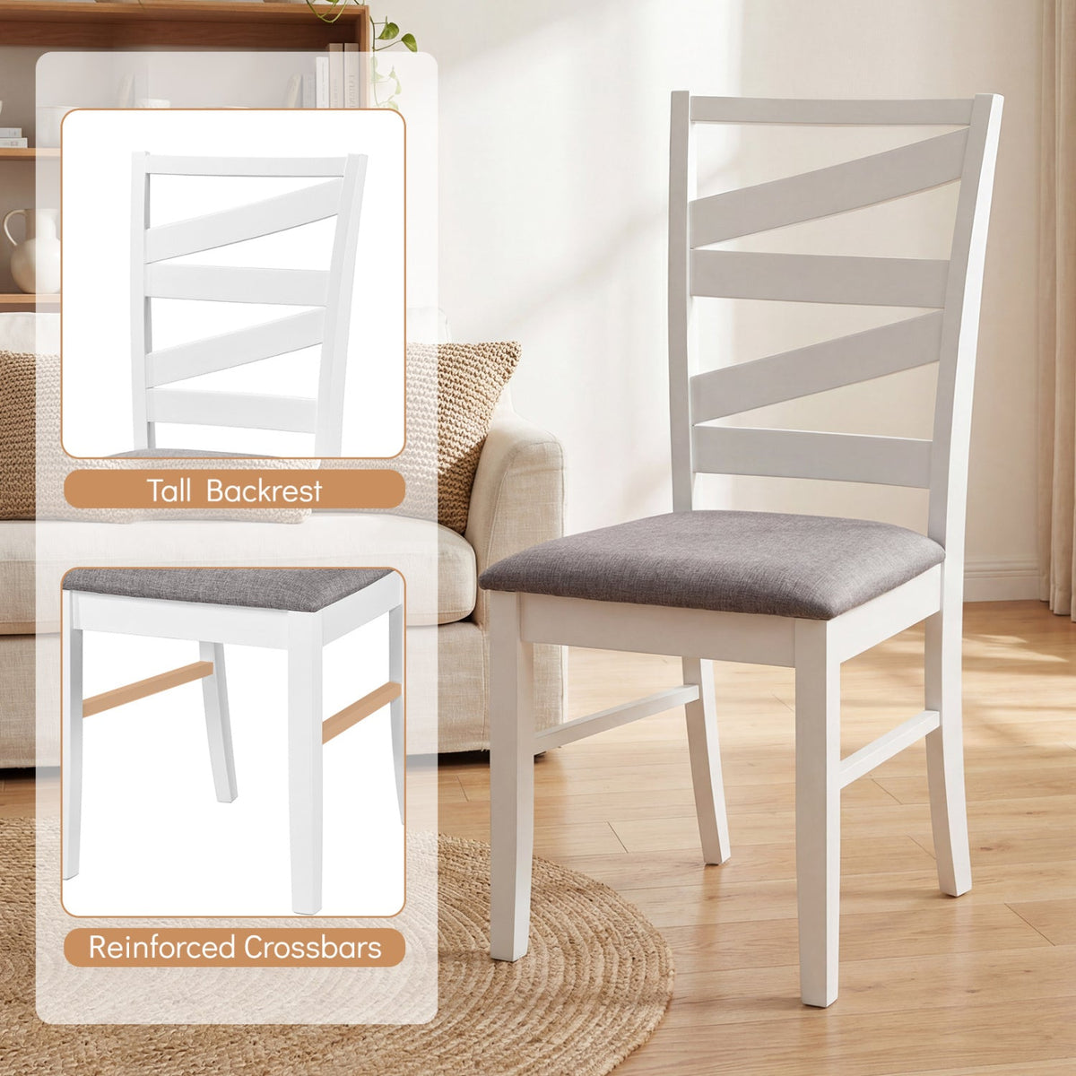 Dining Chairs Set of 2 with Backrests and Rubber Wood Frames