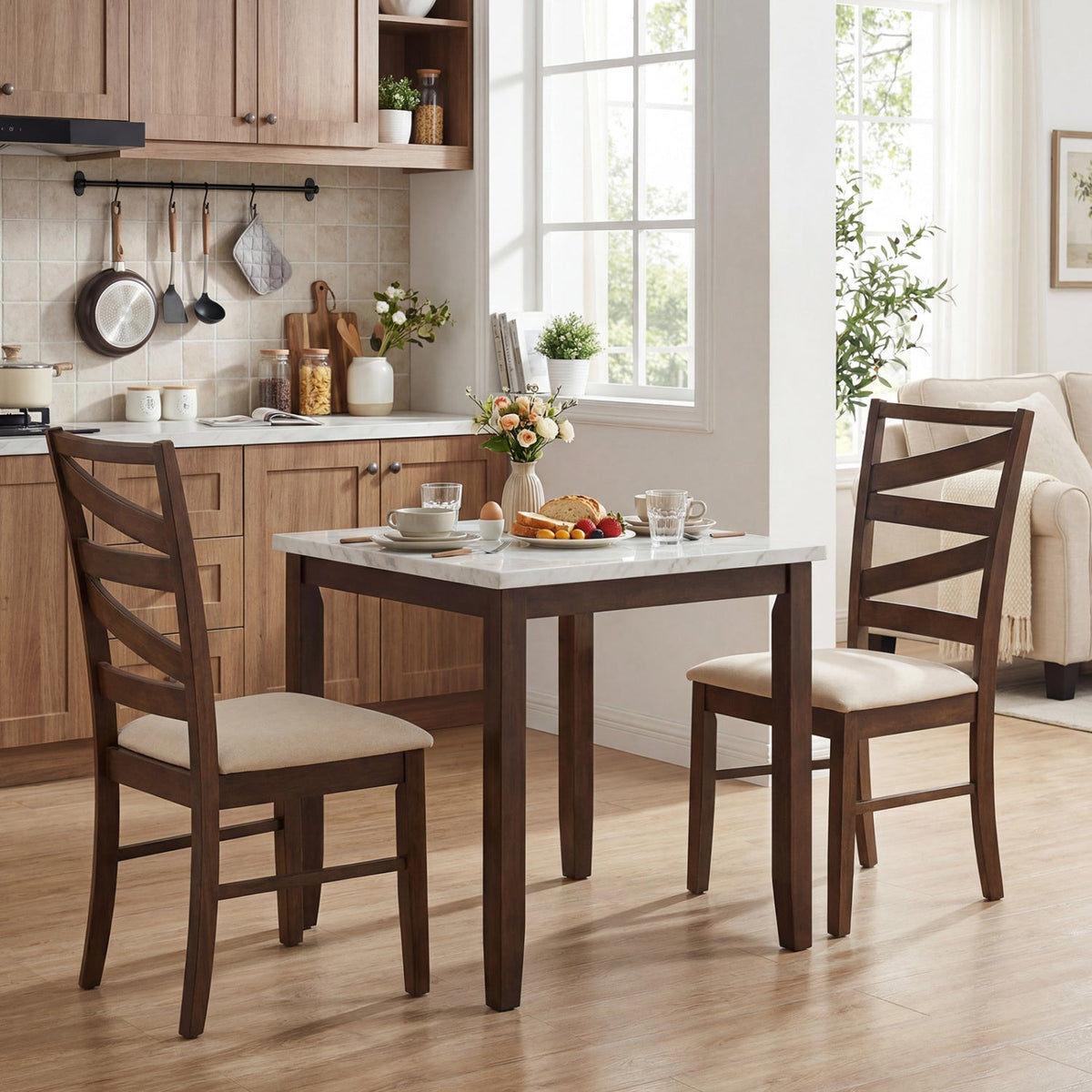 Dining Chairs Set of 2 with Backrests and Rubber Wood Frames